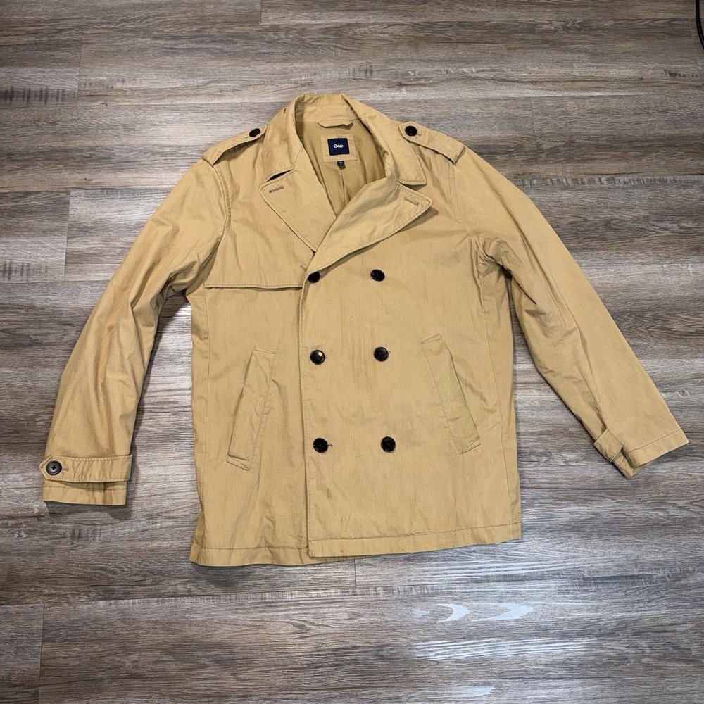 GAP Waist-Length Double-Breasted Trench Coat Jacket Mens Large Black Buttons Tan